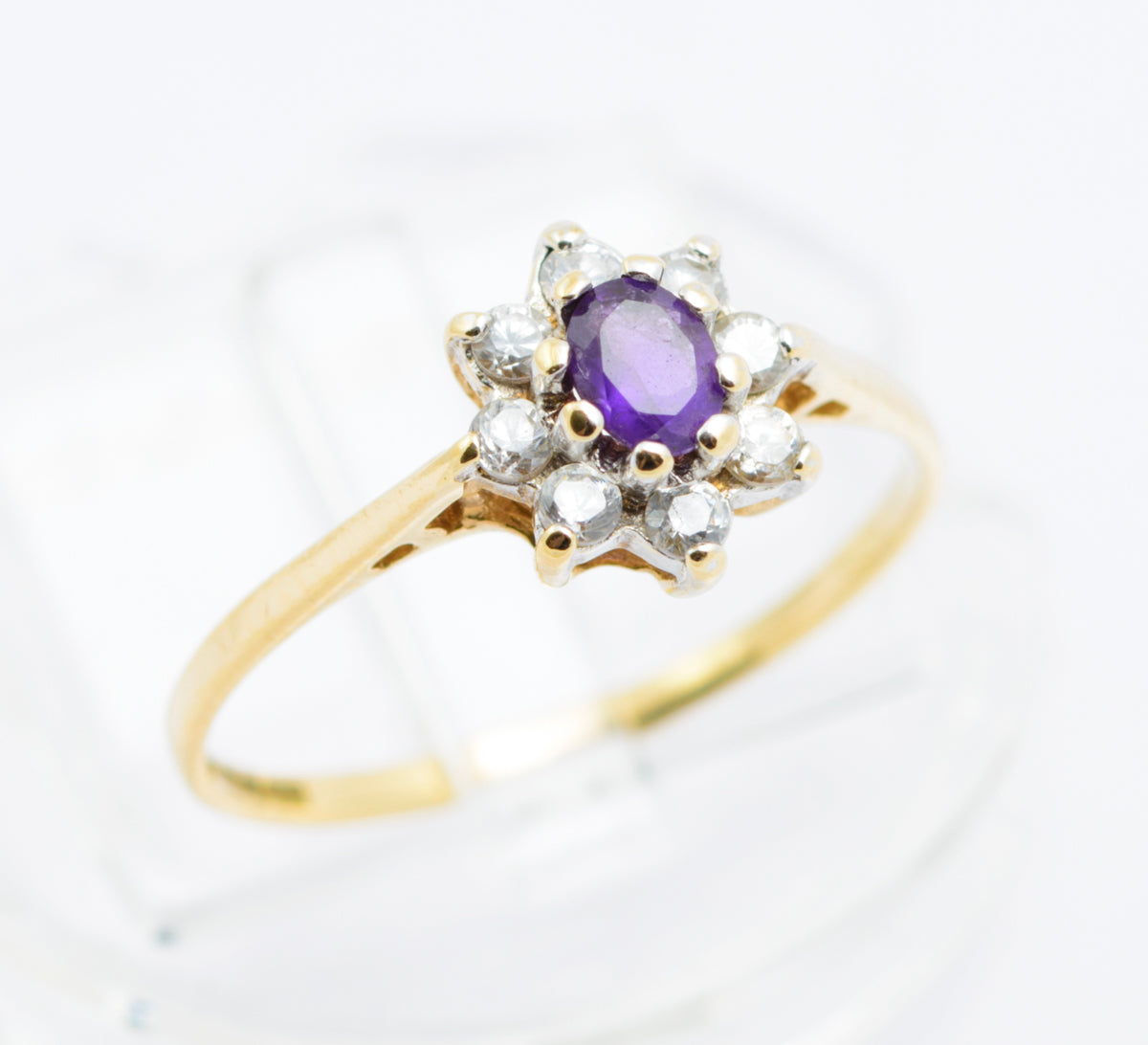 Vintage 9ct Gold Natural Amethyst & CZ Halo Ring Hallmarked 1980's Size L (B2487)
