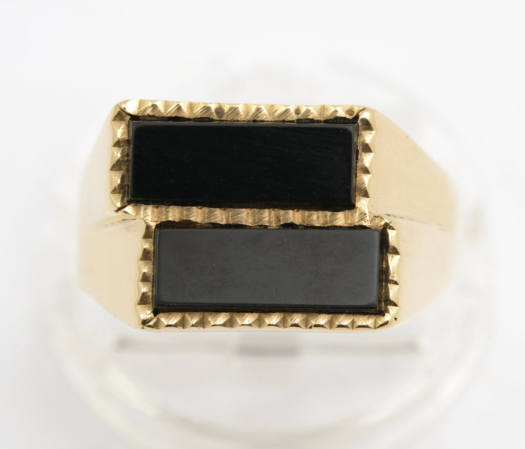 Vintage 9ct Gold Large Men's Double Head Black Onyx Signet Ring UK Size W (B2510)
