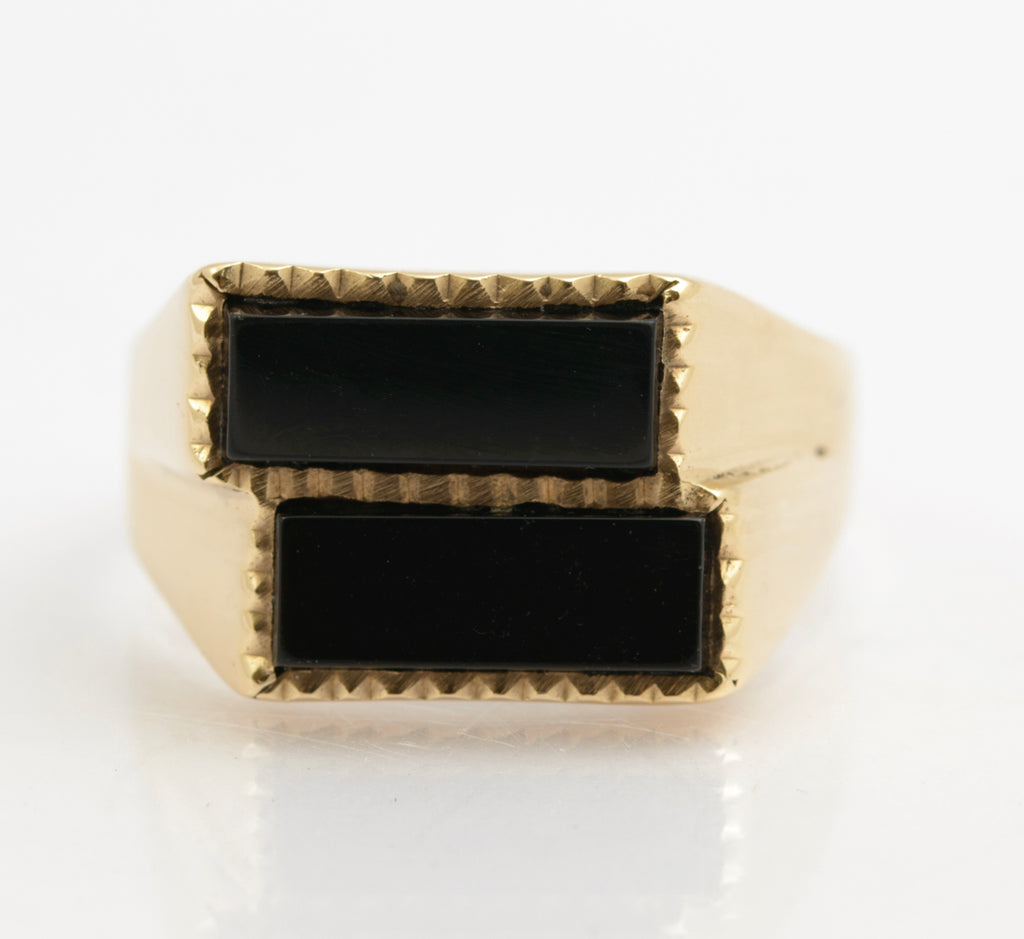 Vintage 9ct Gold Large Men's Double Head Black Onyx Signet Ring UK Size W (B2510)