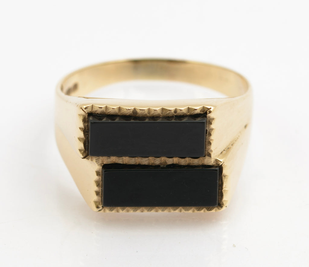 Vintage 9ct Gold Large Men's Double Head Black Onyx Signet Ring UK Size W (B2510)