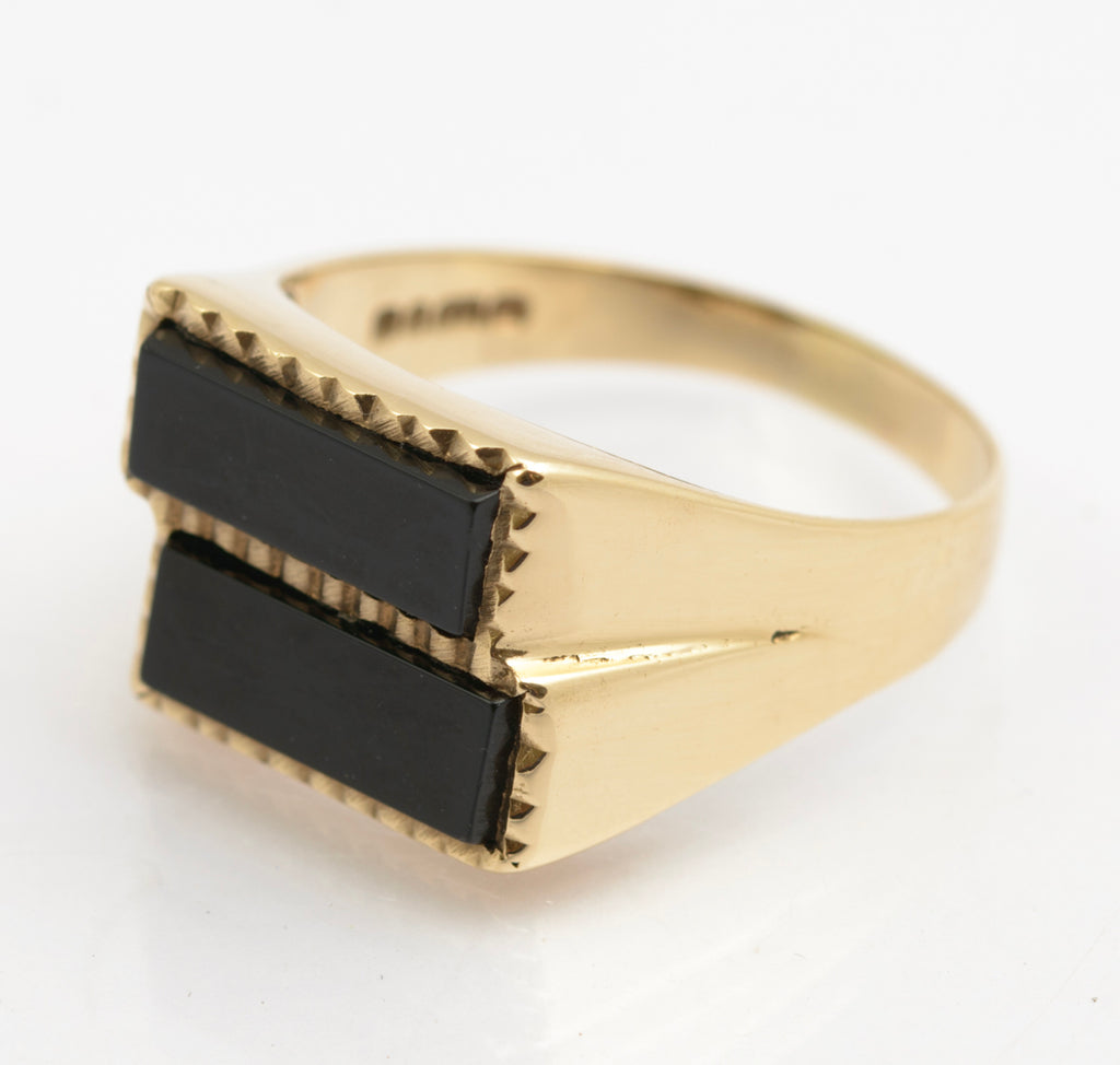 Vintage 9ct Gold Large Men's Double Head Black Onyx Signet Ring UK Size W (B2510)