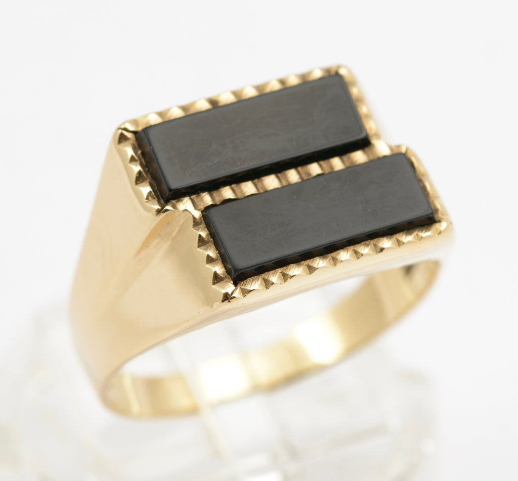 Vintage 9ct Gold Large Men's Double Head Black Onyx Signet Ring UK Size W (B2510)