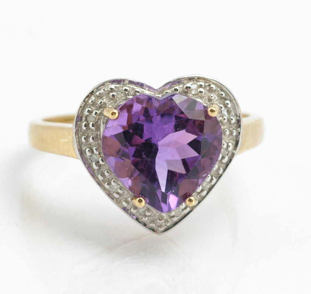 Vintage 9ct Gold & Large Heart Cut Amethyst & Diamond Halo Ring UK Size P (B2512)
