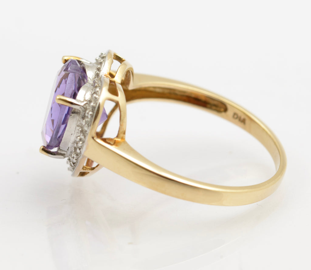 Vintage 9ct Gold & Large Heart Cut Amethyst & Diamond Halo Ring UK Size P (B2512)