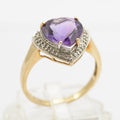 Vintage 9ct Gold & Large Heart Cut Amethyst & Diamond Halo Ring UK Size P (B2512)