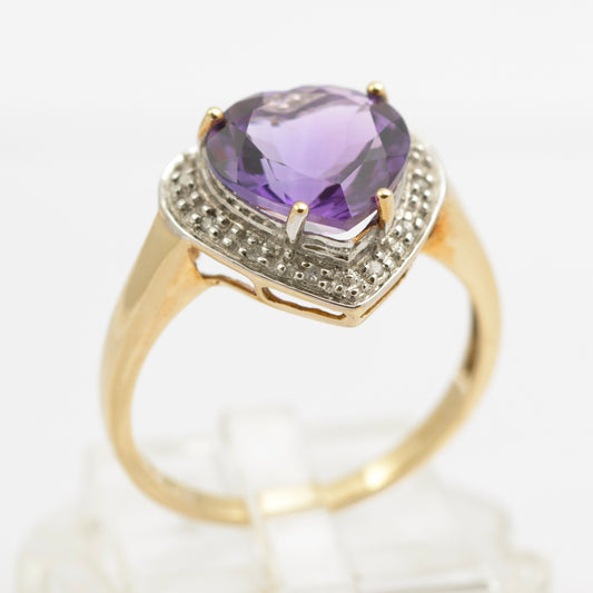 Vintage 9ct Gold & Large Heart Cut Amethyst & Diamond Halo Ring Size P (B2512)