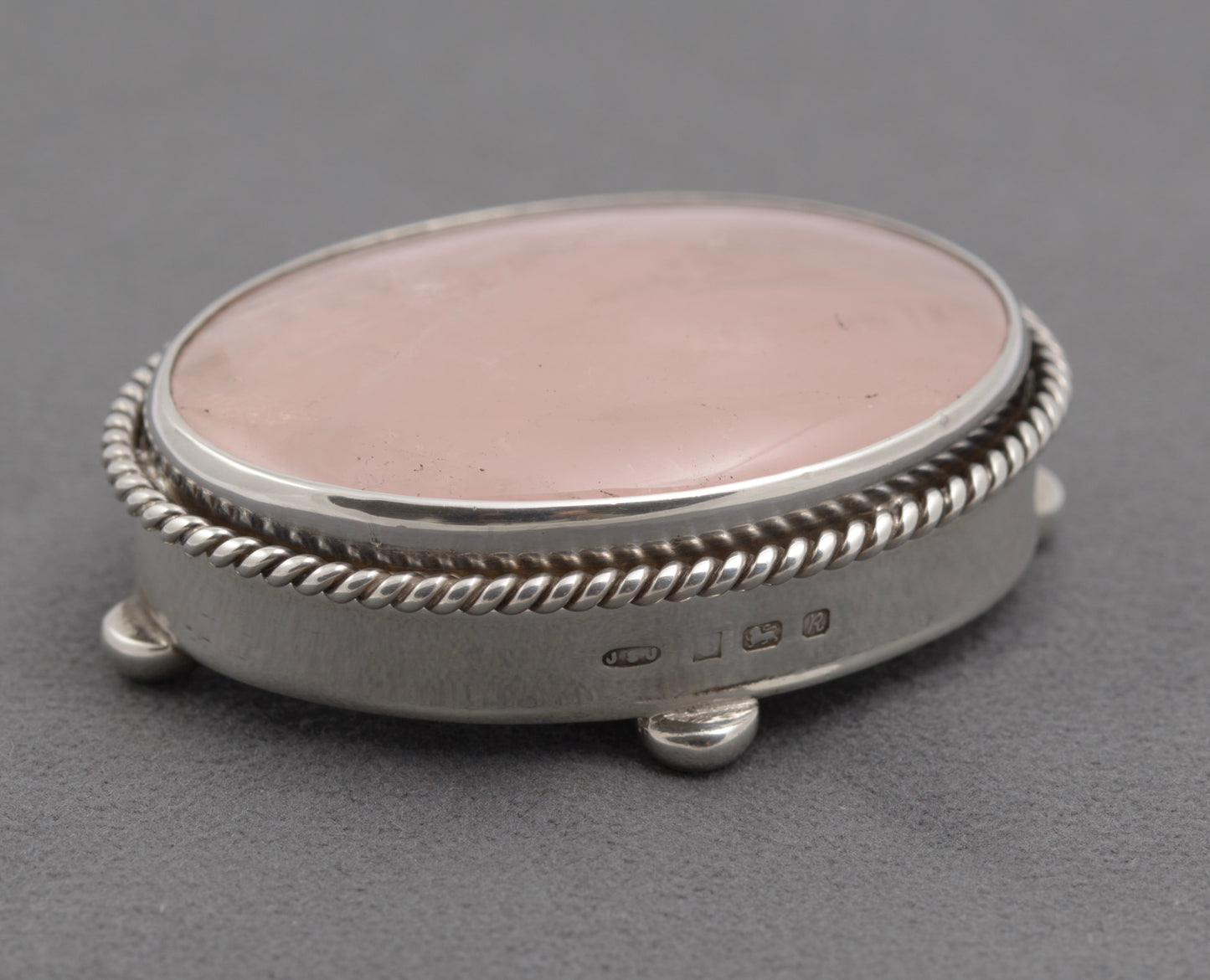 Vintage Sterling Silver Combination Pill Box & Rose Quartz Crystal Brooch (B2515)