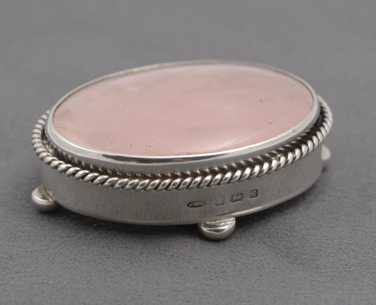 Vintage Sterling Silver Combination Pill Box & Rose Quartz Crystal Brooch (B2515)