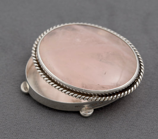 Vintage Sterling Silver Combination Pill Box & Rose Quartz Crystal Brooch (B2515)
