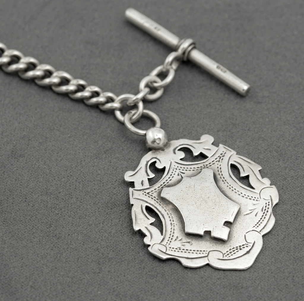 Antique Victorian Heavy Sterling Silver Albert Watch Graduated Chain Fob & T Bar (B2516)