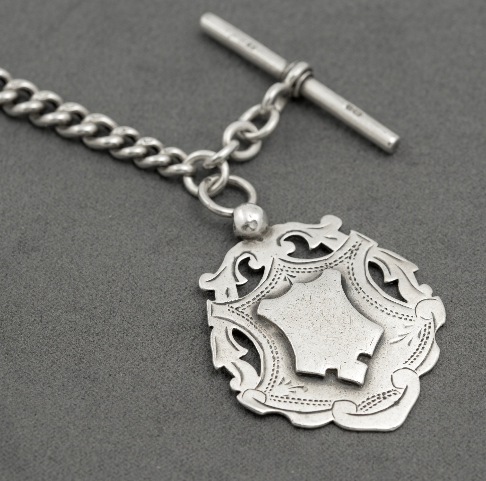 Antique Victorian Heavy Sterling Silver Albert Watch Graduated Chain Fob & T Bar (B2516)