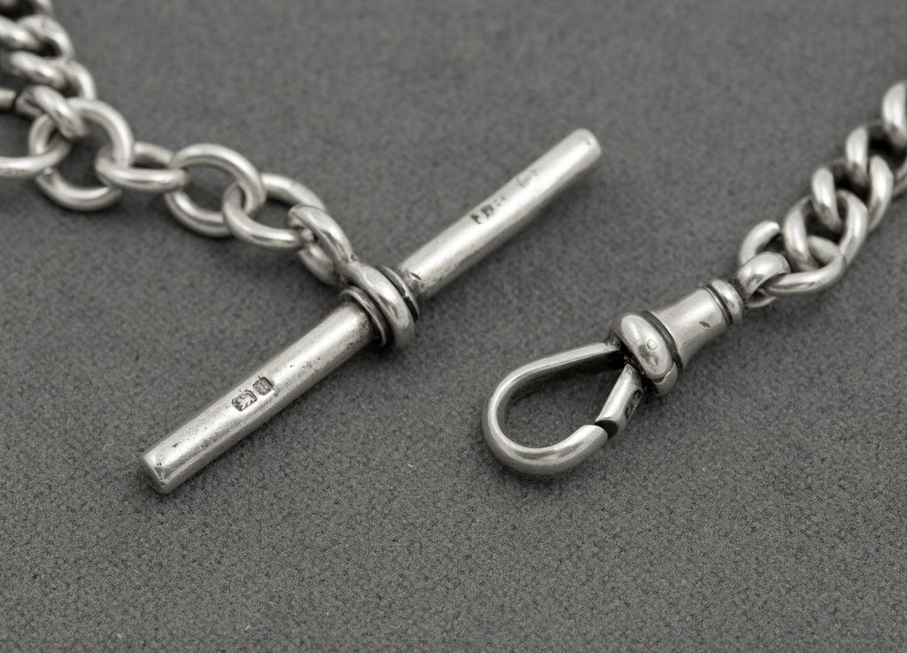 Antique Victorian Heavy Sterling Silver Albert Watch Graduated Chain Fob & T Bar (B2516)