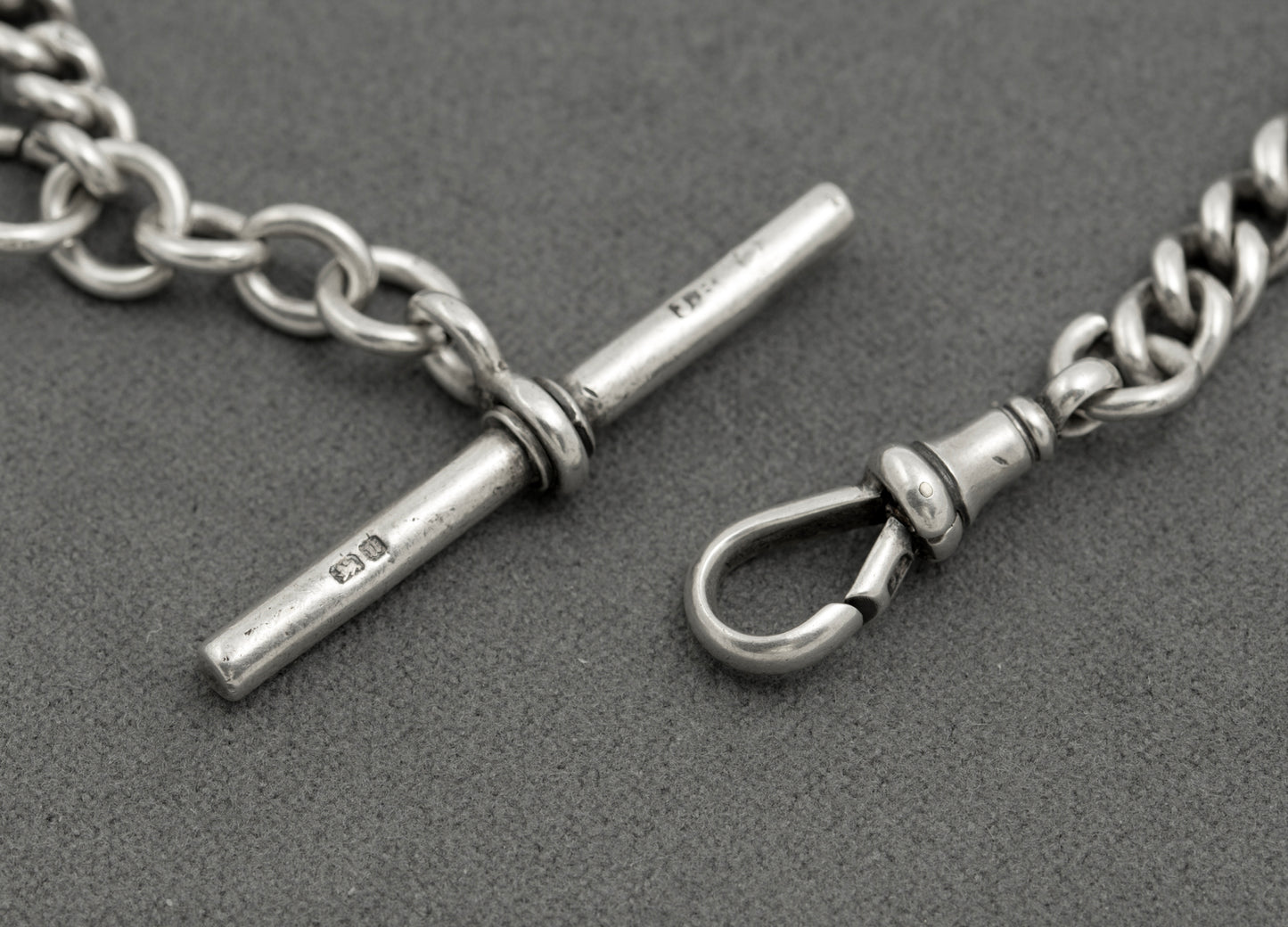 Antique Victorian Heavy Sterling Silver Albert Watch Graduated Chain Fob & T Bar (B2516)
