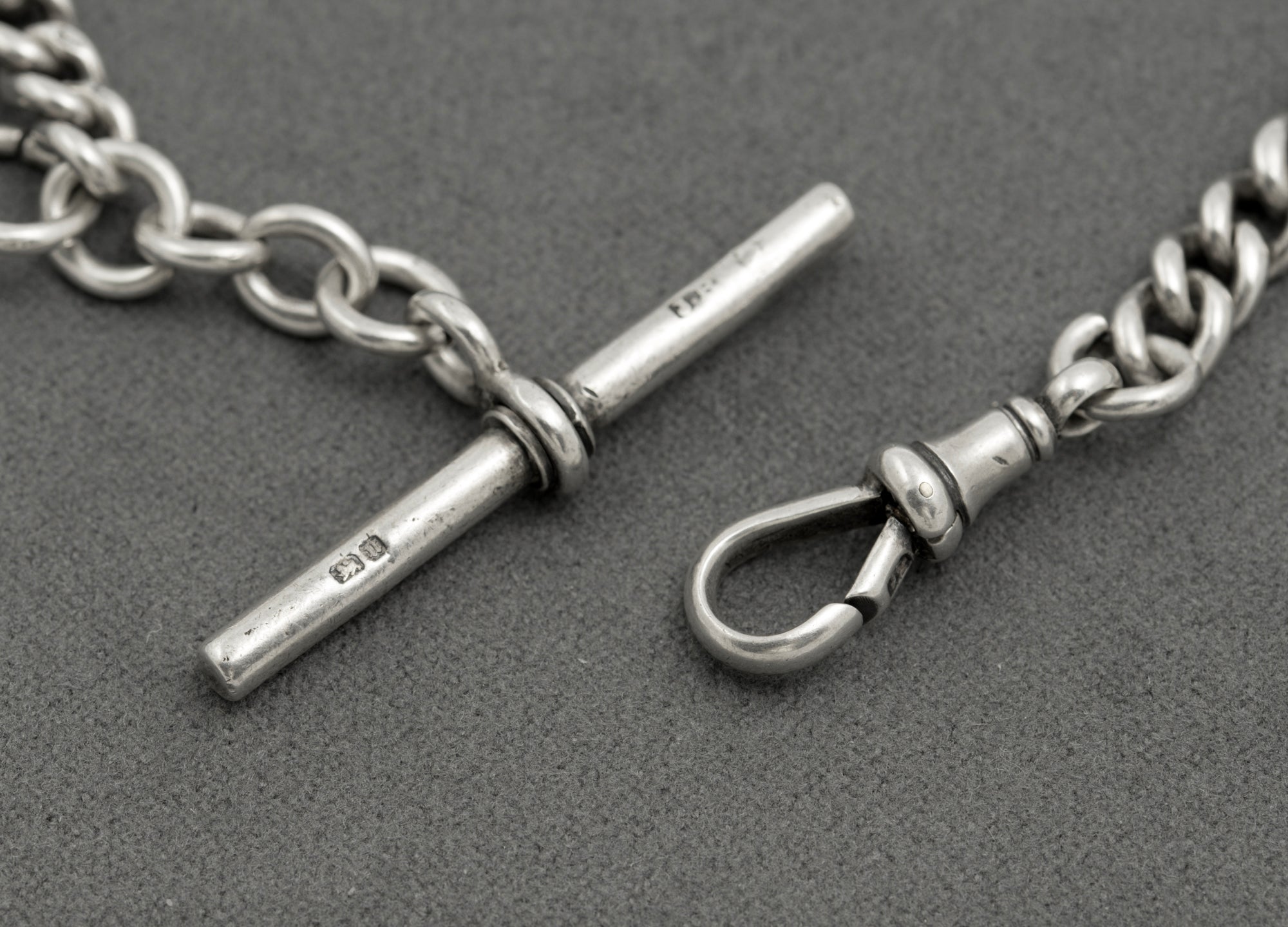 Antique Victorian Heavy Sterling Silver Albert Watch Graduated Chain Fob & T Bar (B2516)