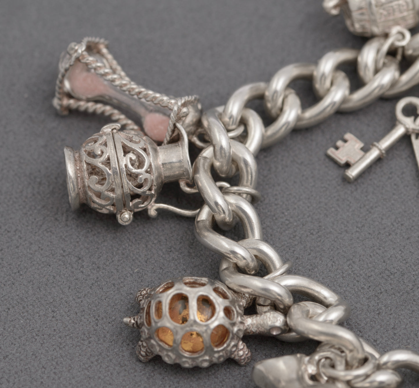 Vintage Sterling Silver Heavy Charm Bracelet With 13 Charms & Heart Clasp (B2518)
