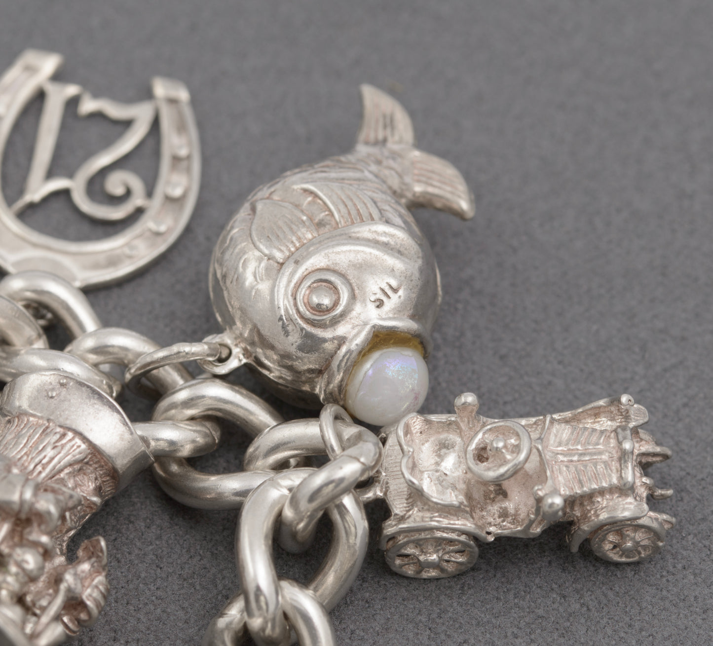 Vintage Sterling Silver Heavy Charm Bracelet With 13 Charms & Heart Clasp (B2518)