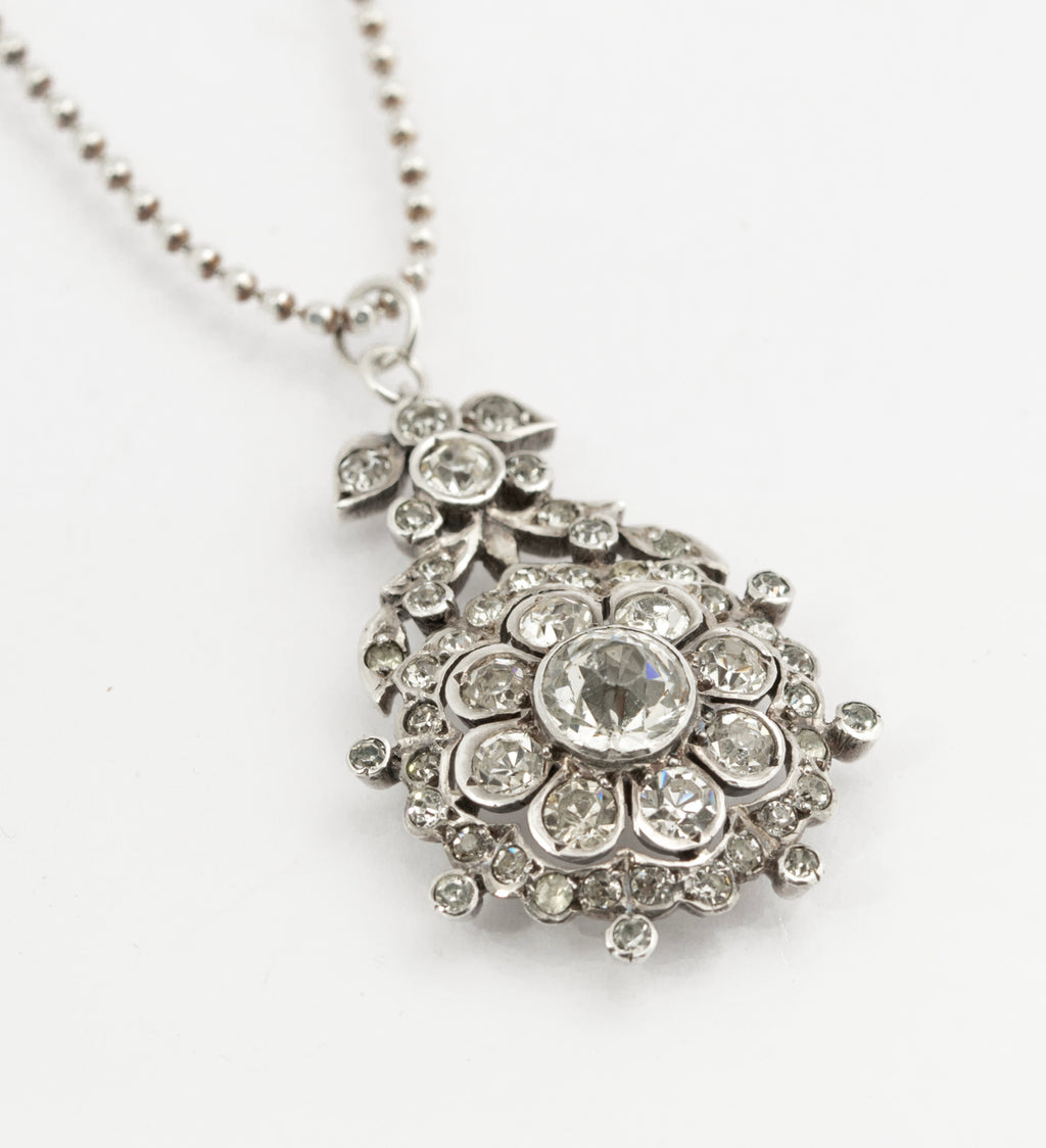 Antique Georgian Sterling Silver & Paste Glass Pendant With Later Chain Necklace (B2522)