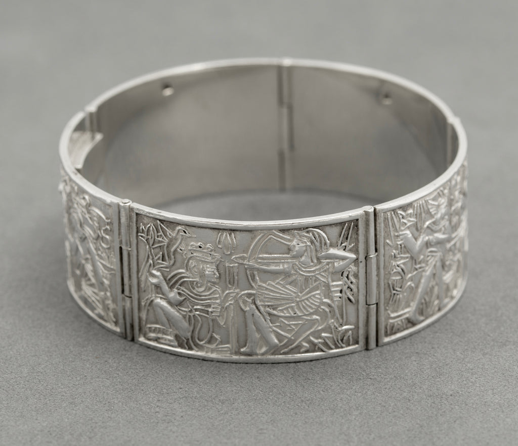 Vintage Egyptian .900 Silver Panel Bracelet Sphinx Pyramids Hallmarked (B2524)