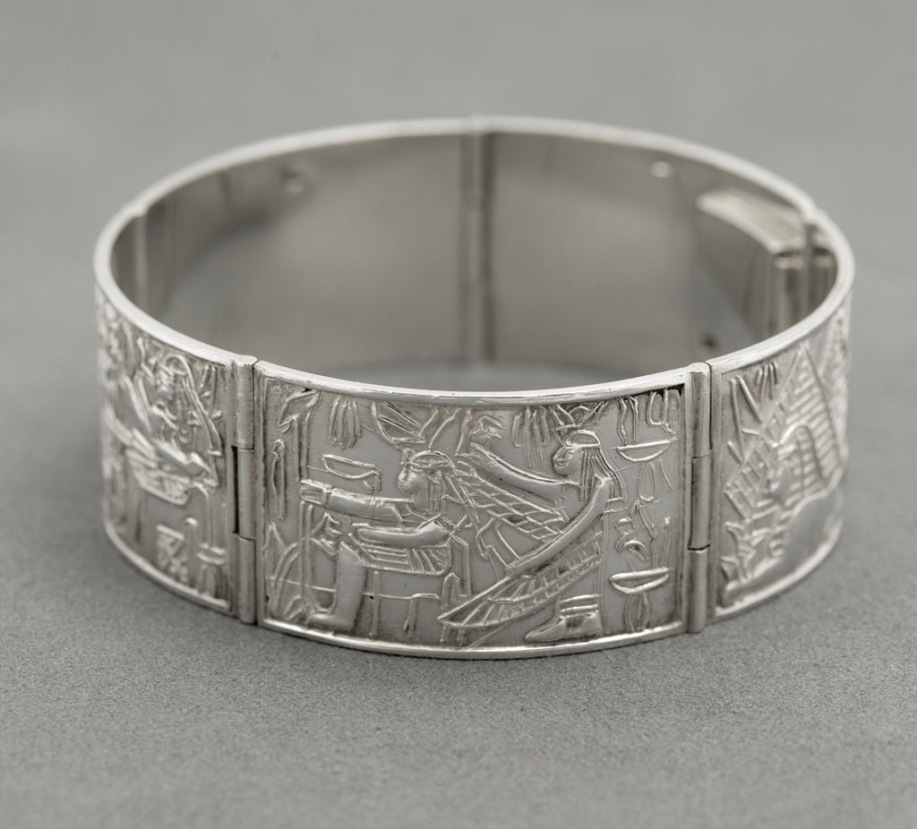 Vintage Egyptian .900 Silver Panel Bracelet Sphinx Pyramids Hallmarked (B2524)
