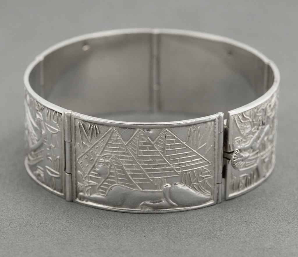 Vintage Egyptian .900 Silver Panel Bracelet Sphinx Pyramids Hallmarked (B2524)