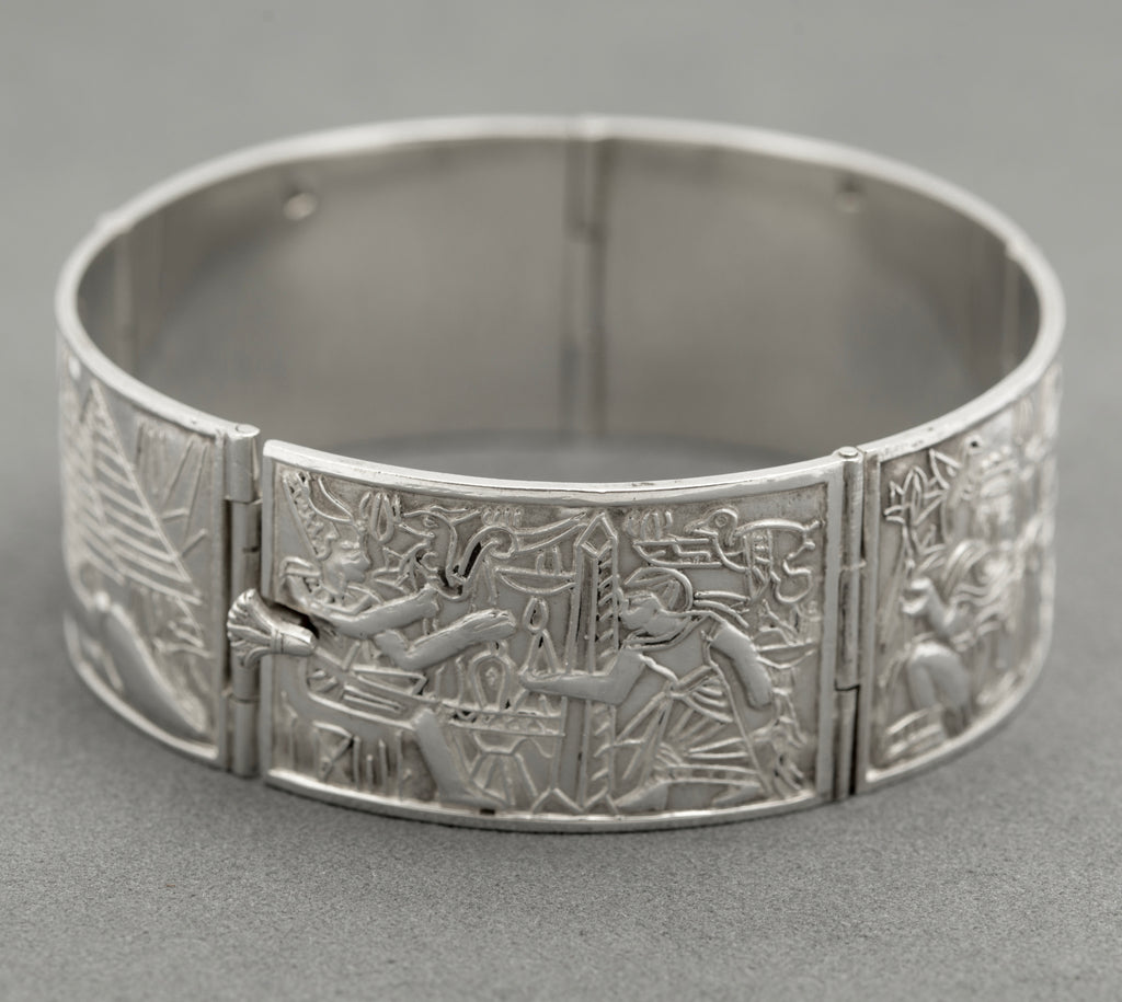 Vintage Egyptian .900 Silver Panel Bracelet Sphinx Pyramids Hallmarked (B2524)
