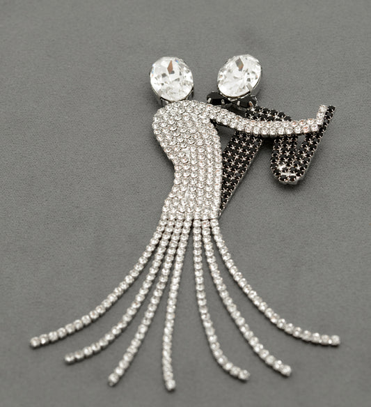 Butler & Wilson Dancing Couple Brooch Pin Black & Clear Crystal Gems - Boxed (B2515)