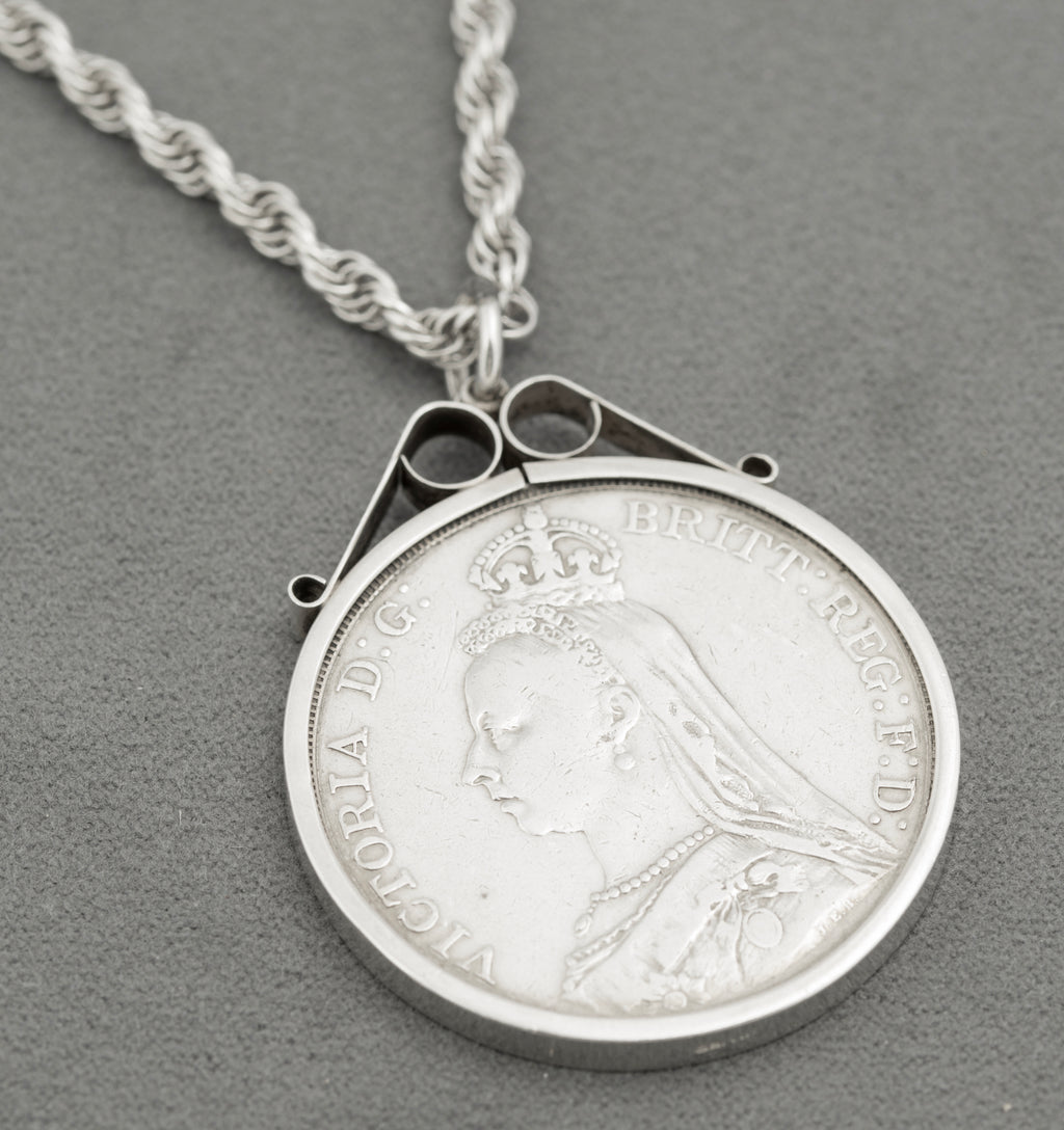 Antique Victoria 1890 Silver Crown Coin Pendant Necklace On Rope Twist Chain (B2530)
