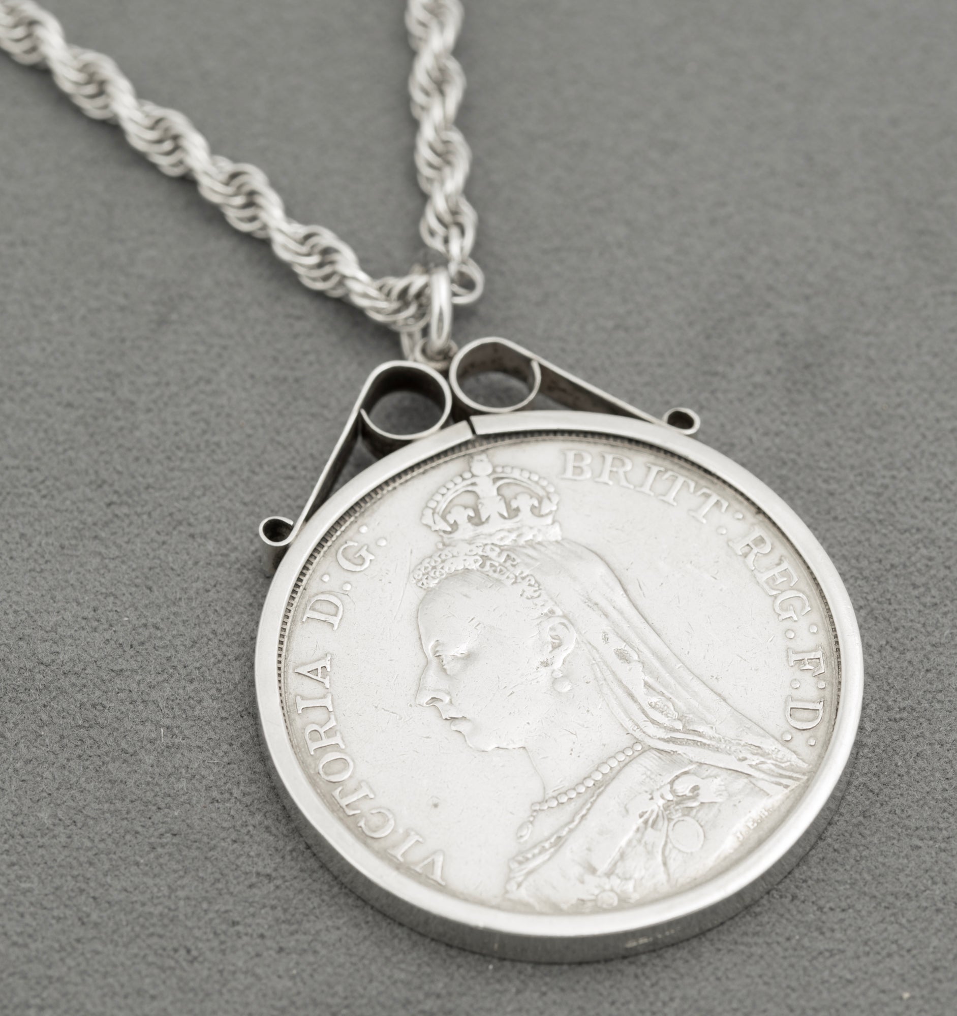 Antique Victoria 1890 Silver Crown Coin Pendant Necklace On Rope Twist Chain (B2530)