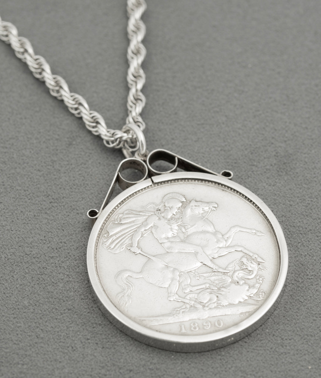 Antique Victoria 1890 Silver Crown Coin Pendant Necklace On Rope Twist Chain (B2530)