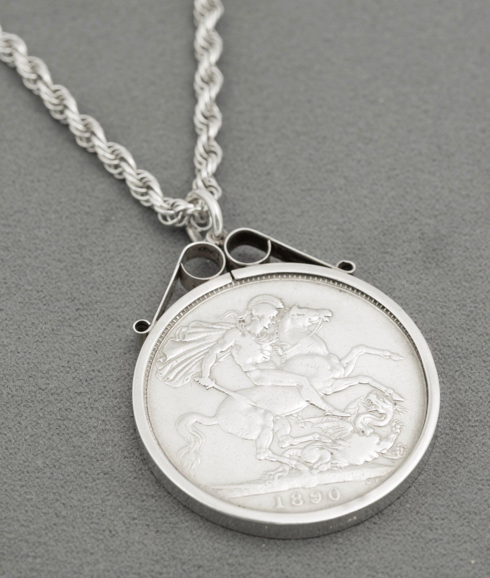 Antique Victoria 1890 Silver Crown Coin Pendant Necklace On Rope Twist Chain (B2530)