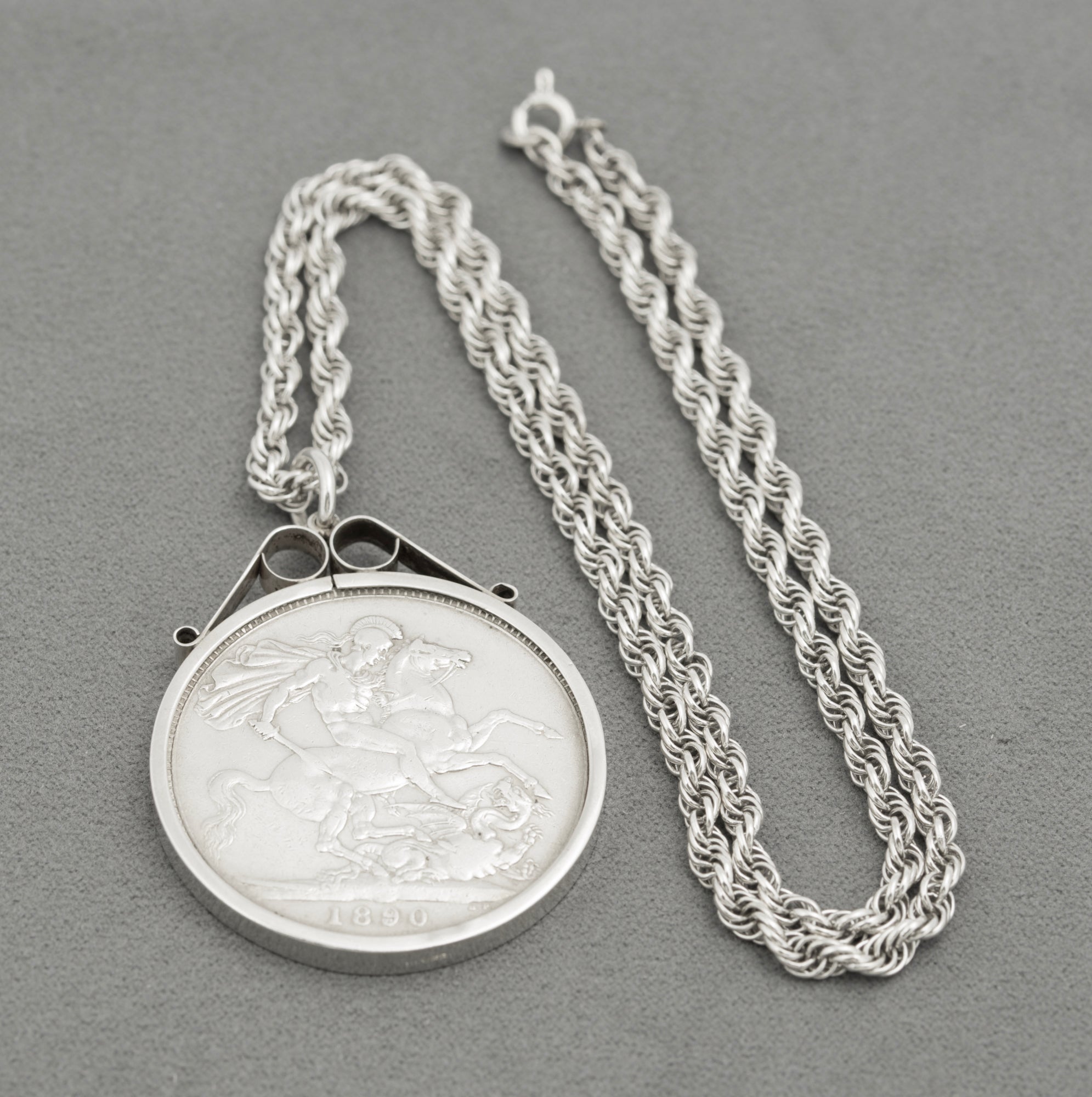 Antique Victoria 1890 Silver Crown Coin Pendant Necklace On Rope Twist Chain (B2530)