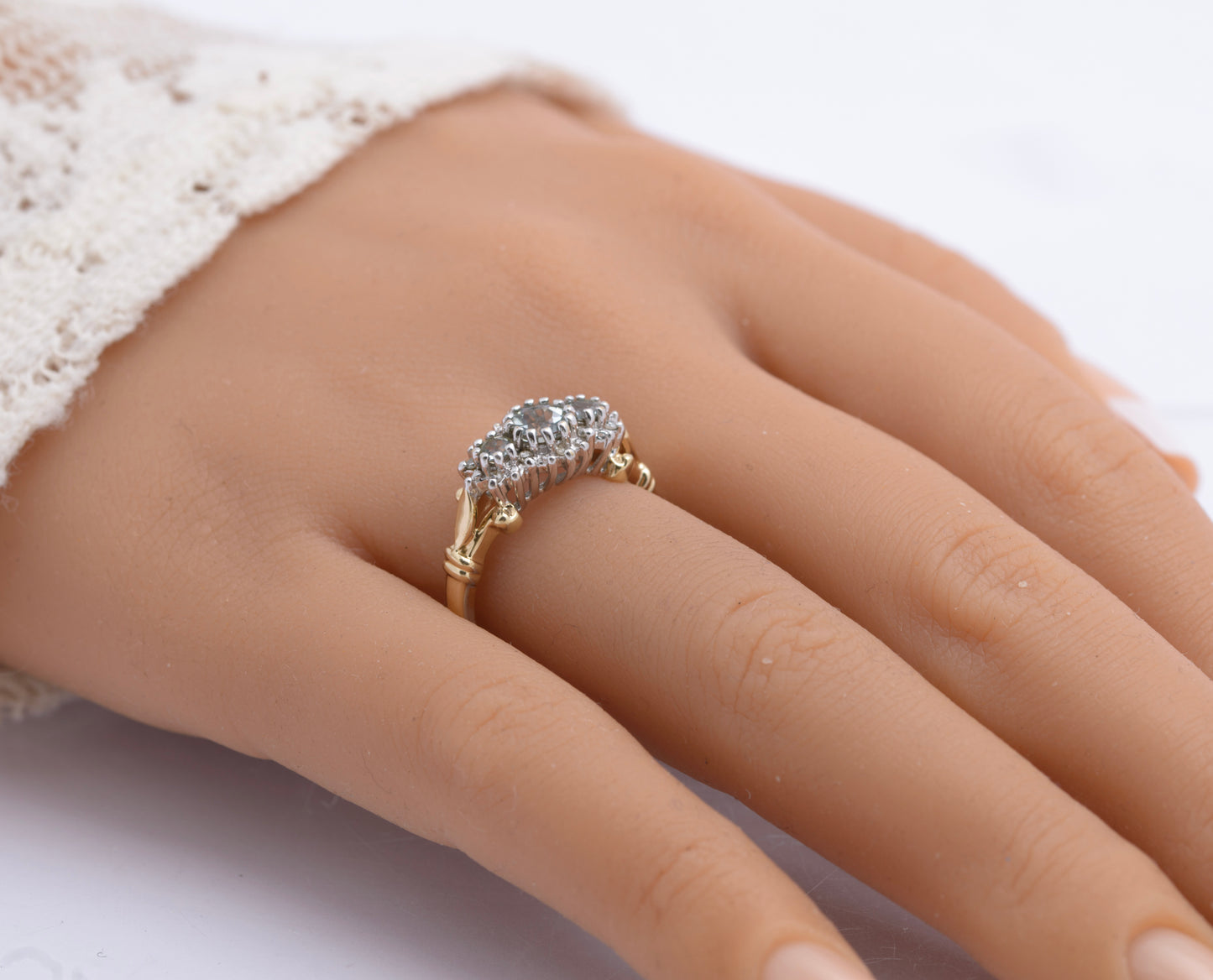 Vintage 9ct Gold Triple Aquamarine Ring With Diamond Halo UK Size O (B2534)