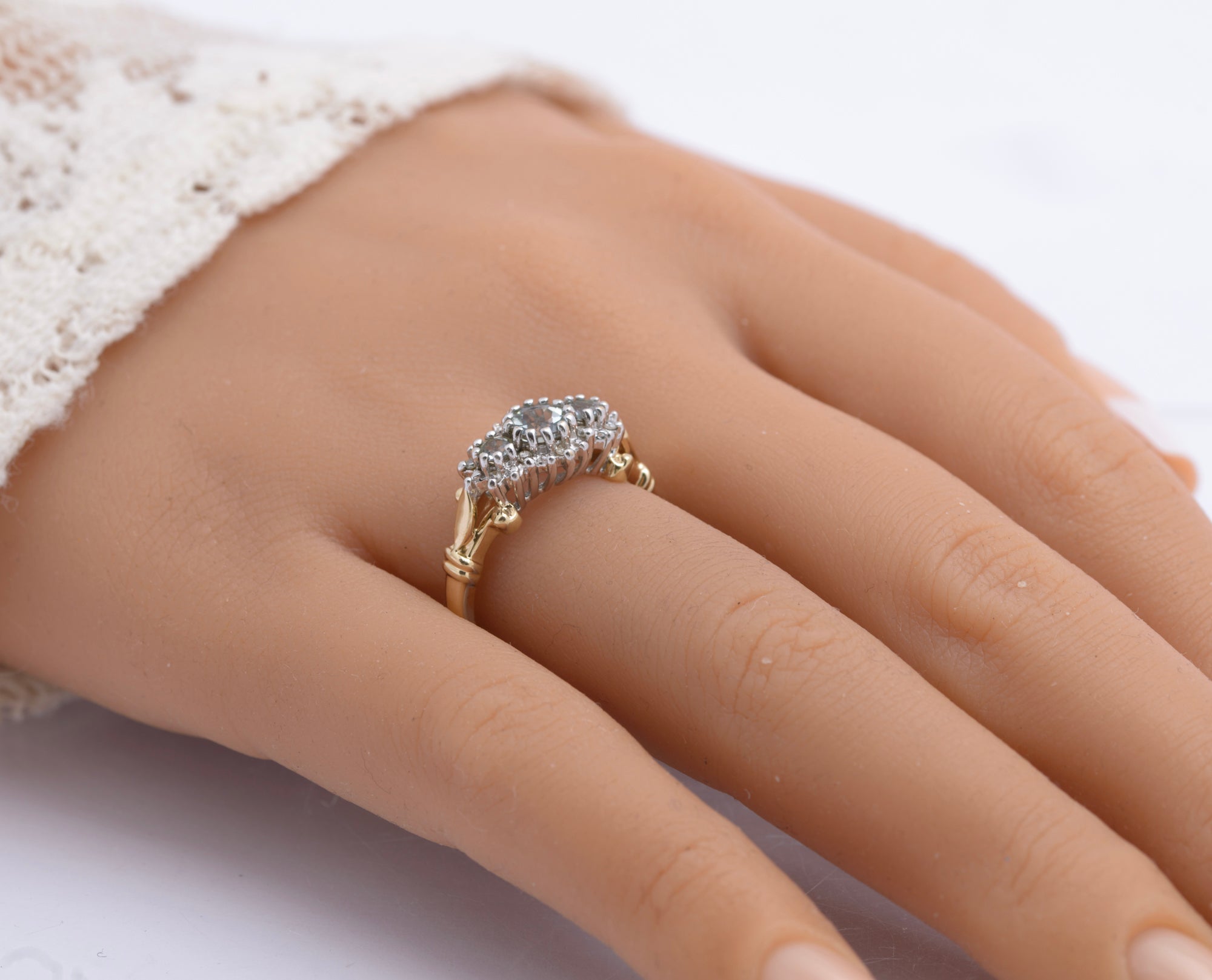 Vintage 9ct Gold Triple Aquamarine Ring With Diamond Halo UK Size O (B2534)