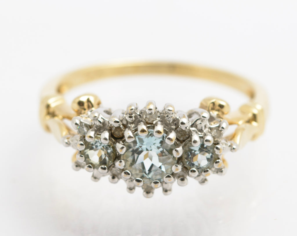 Vintage 9ct Gold Triple Aquamarine Ring With Diamond Halo UK Size O (B2534)