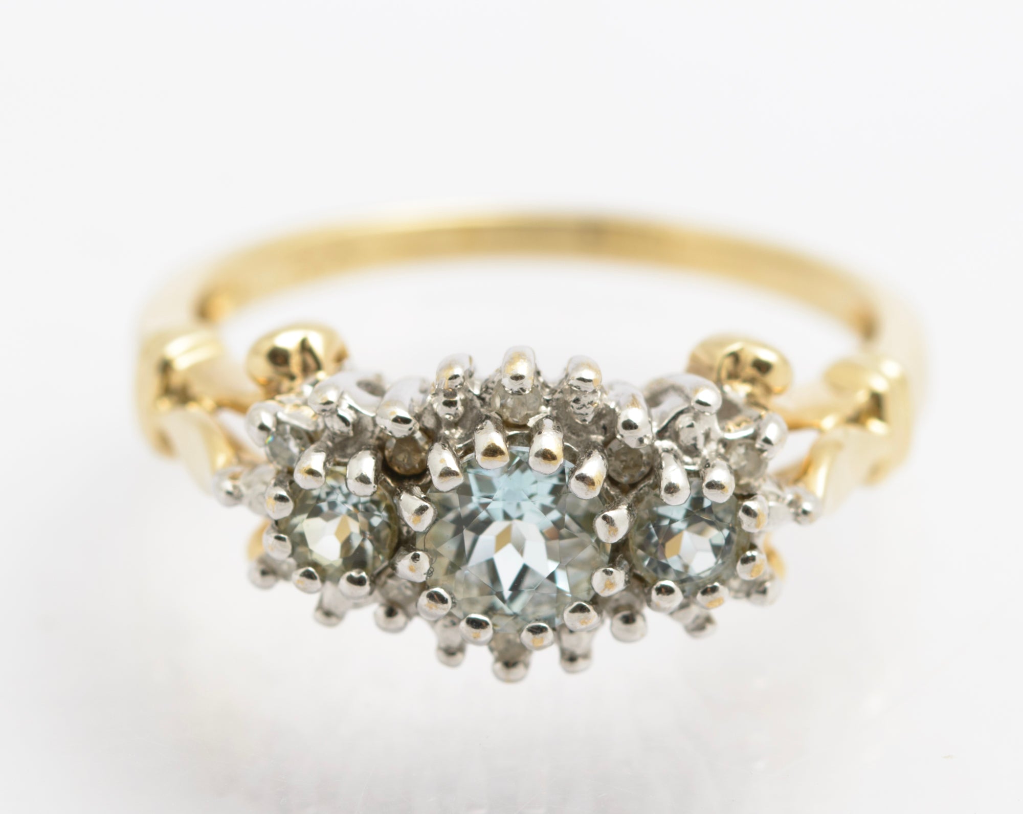 Vintage 9ct Gold Triple Aquamarine Ring With Diamond Halo UK Size O (B2534)