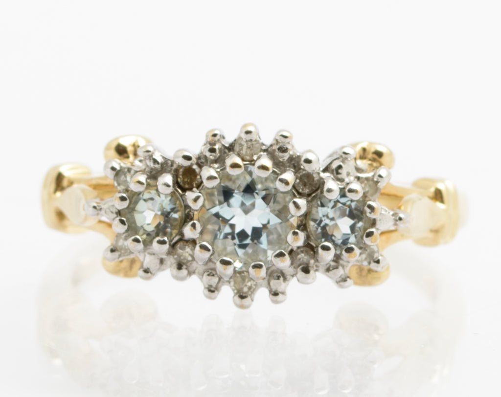 Vintage 9ct Gold Triple Aquamarine Ring With Diamond Halo UK Size O (B2534)