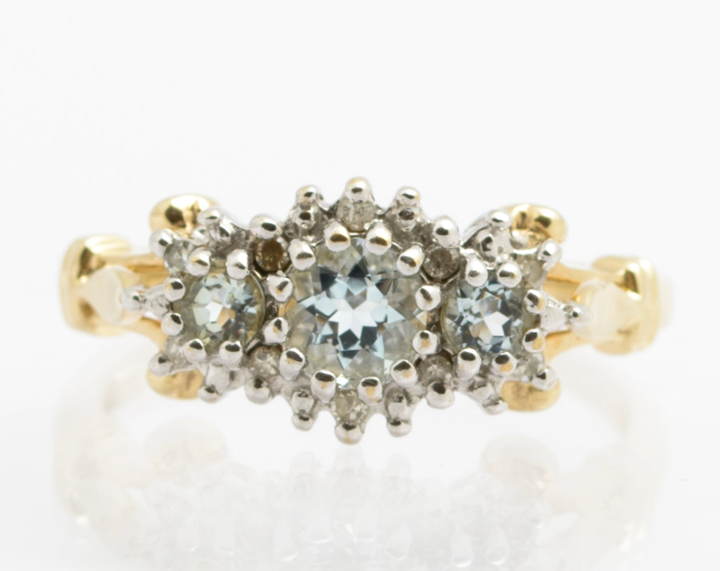 Vintage 9ct Gold Triple Aquamarine Ring With Diamond Halo UK Size O (B2534)