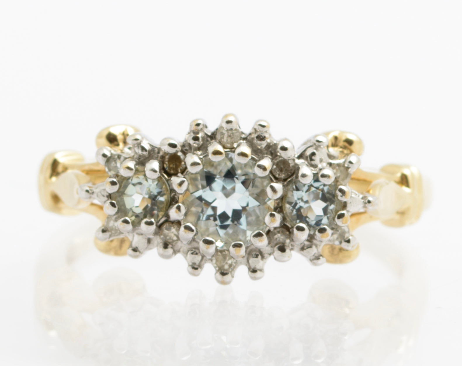 Vintage 9ct Gold Triple Aquamarine Ring With Diamond Halo UK Size O (B2534)