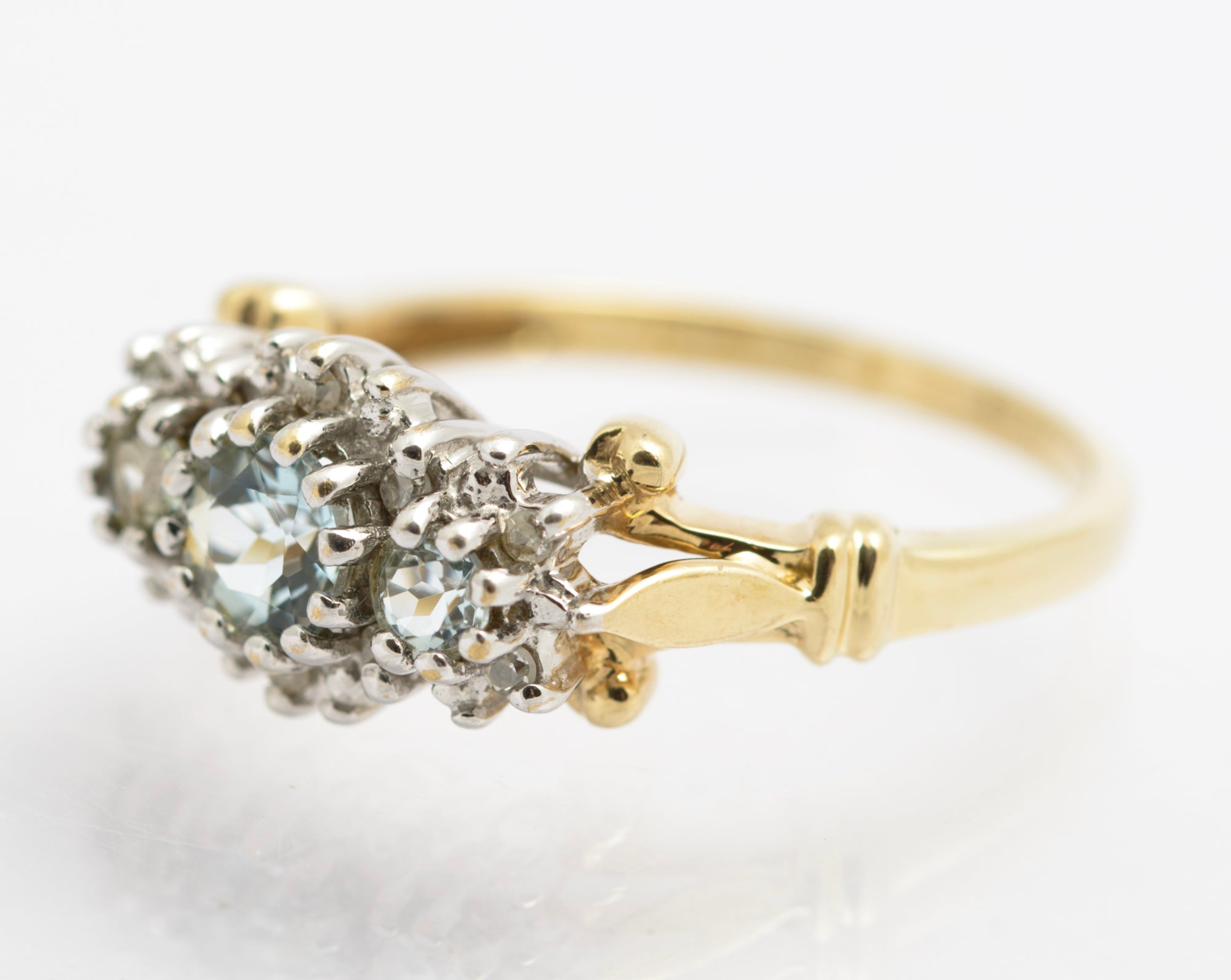 Vintage 9ct Gold Triple Aquamarine Ring With Diamond Halo UK Size O (B2534)