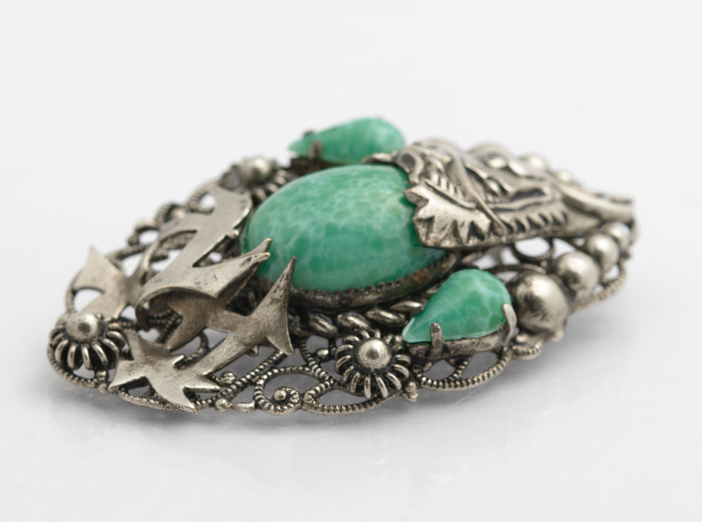 Antique Max Neiger Brothers Jade Dragon Oriental Design Brooch c.1930  (B2536)