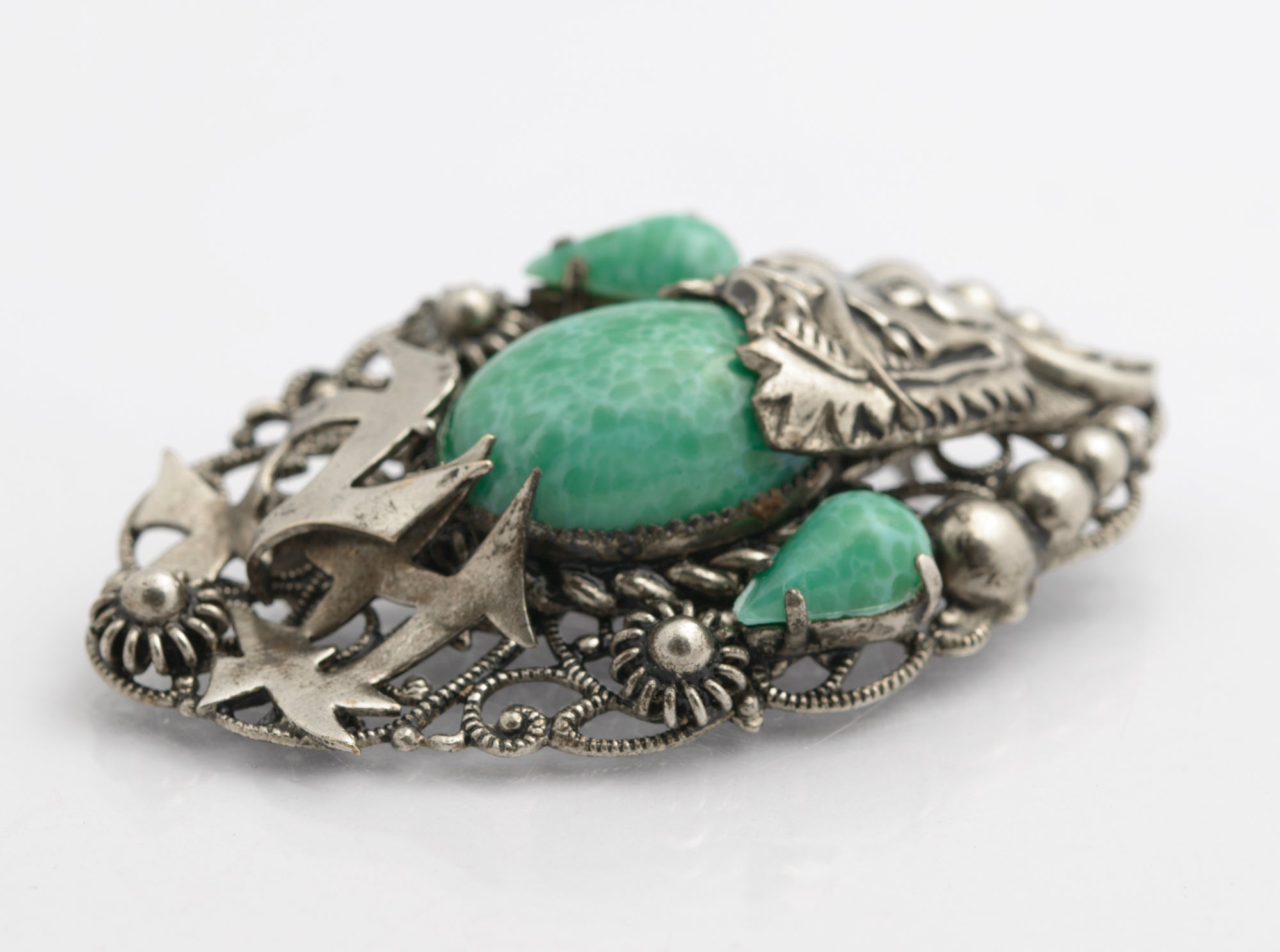 Antique Max Neiger Brothers Jade Dragon Oriental Design Brooch c.1930  (B2536)