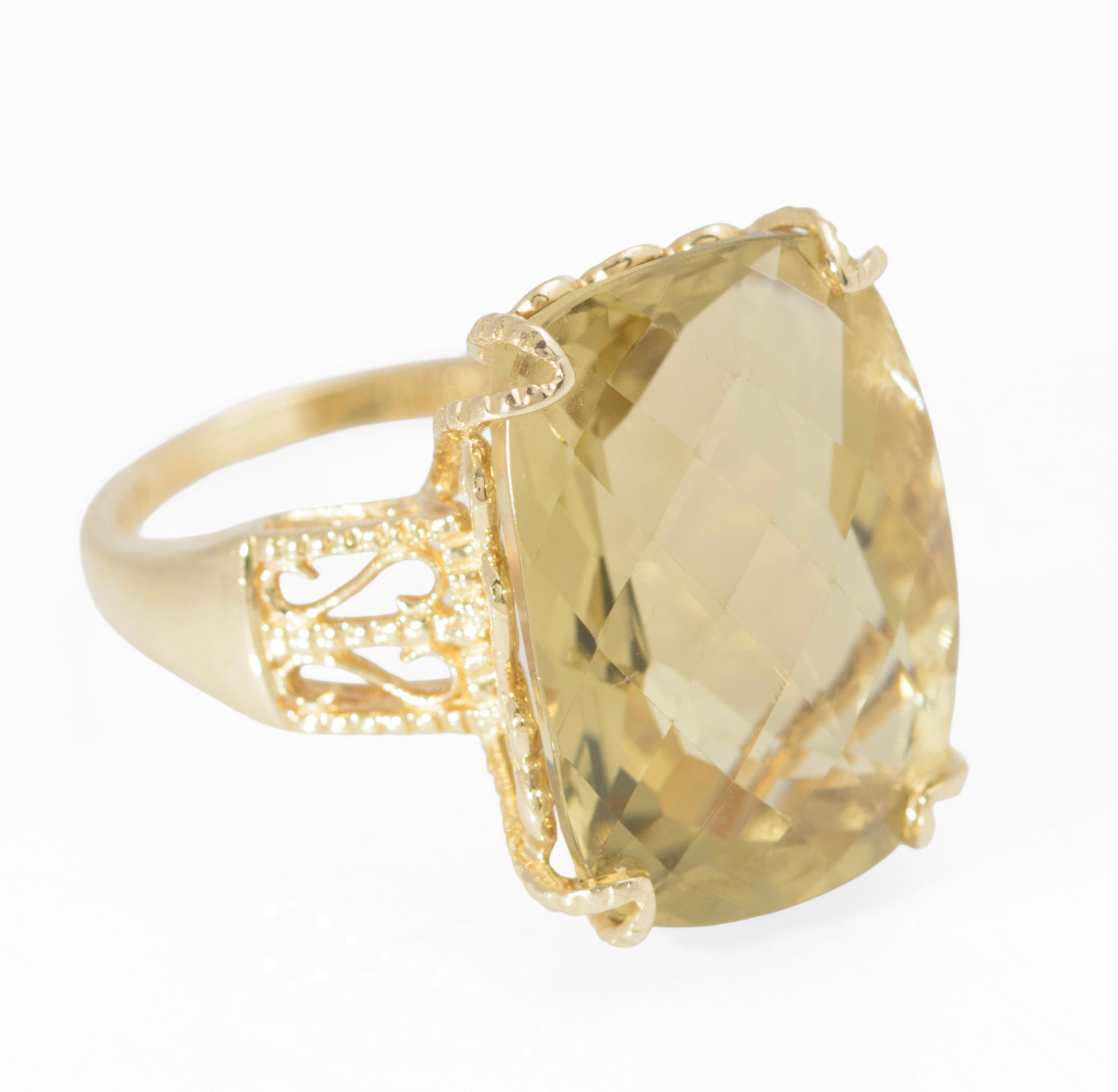 10K Yellow Gold Statement Ring With Large 15 Carat Citrine & Filigree Mount UK Size M (B2547)