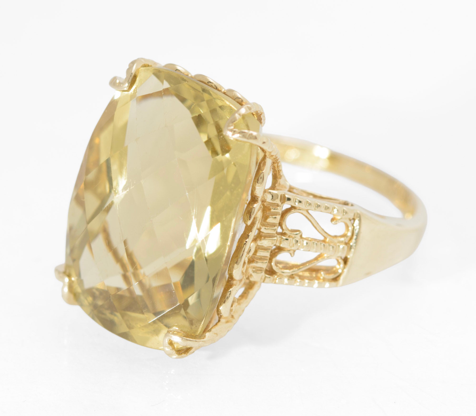 10K Yellow Gold Statement Ring With Large 15 Carat Citrine & Filigree Mount UK Size M (B2547)