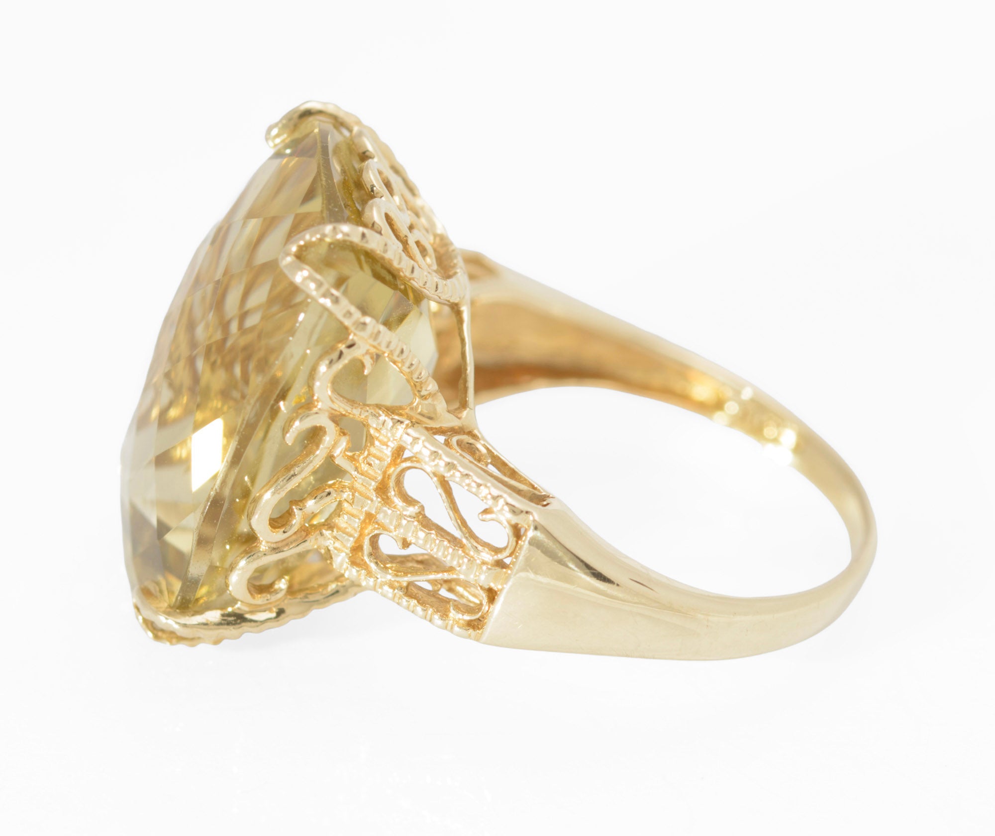 10K Yellow Gold Statement Ring With Large 15 Carat Citrine & Filigree Mount UK Size M (B2547)