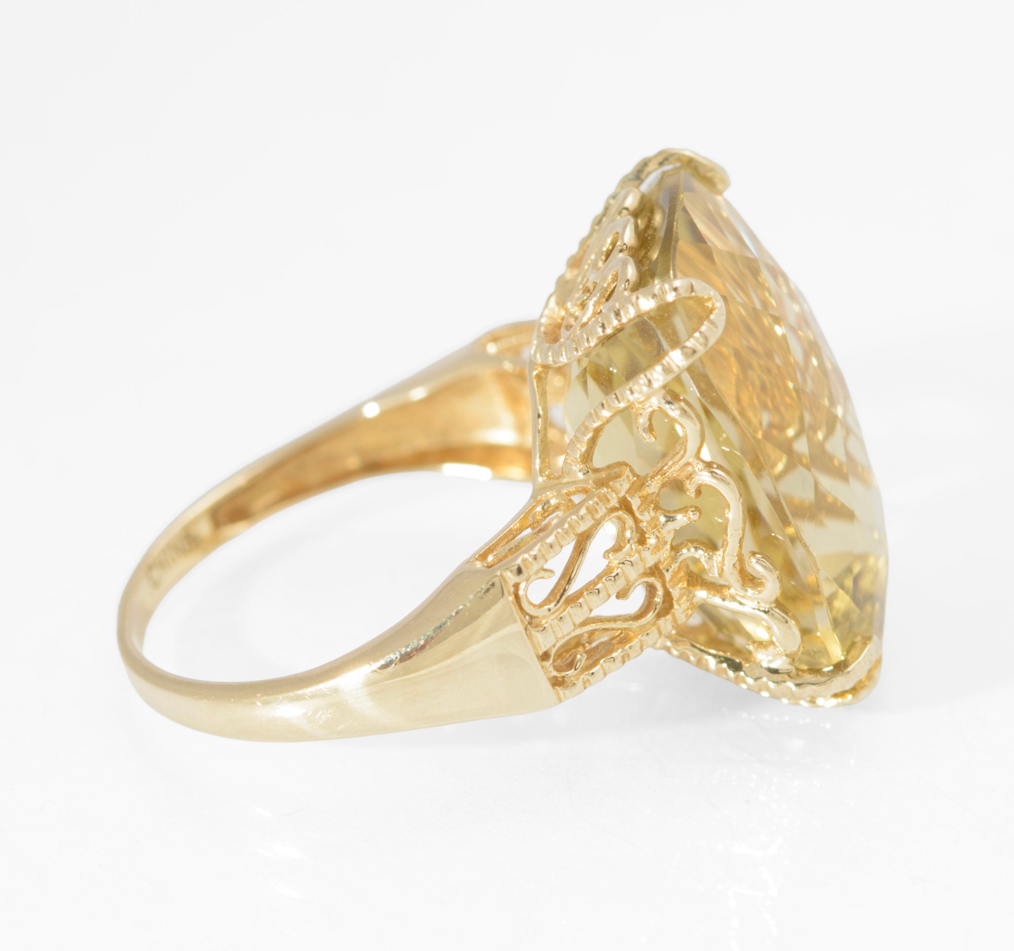 10K Yellow Gold Statement Ring With Large 15 Carat Citrine & Filigree Mount UK Size M (B2547)