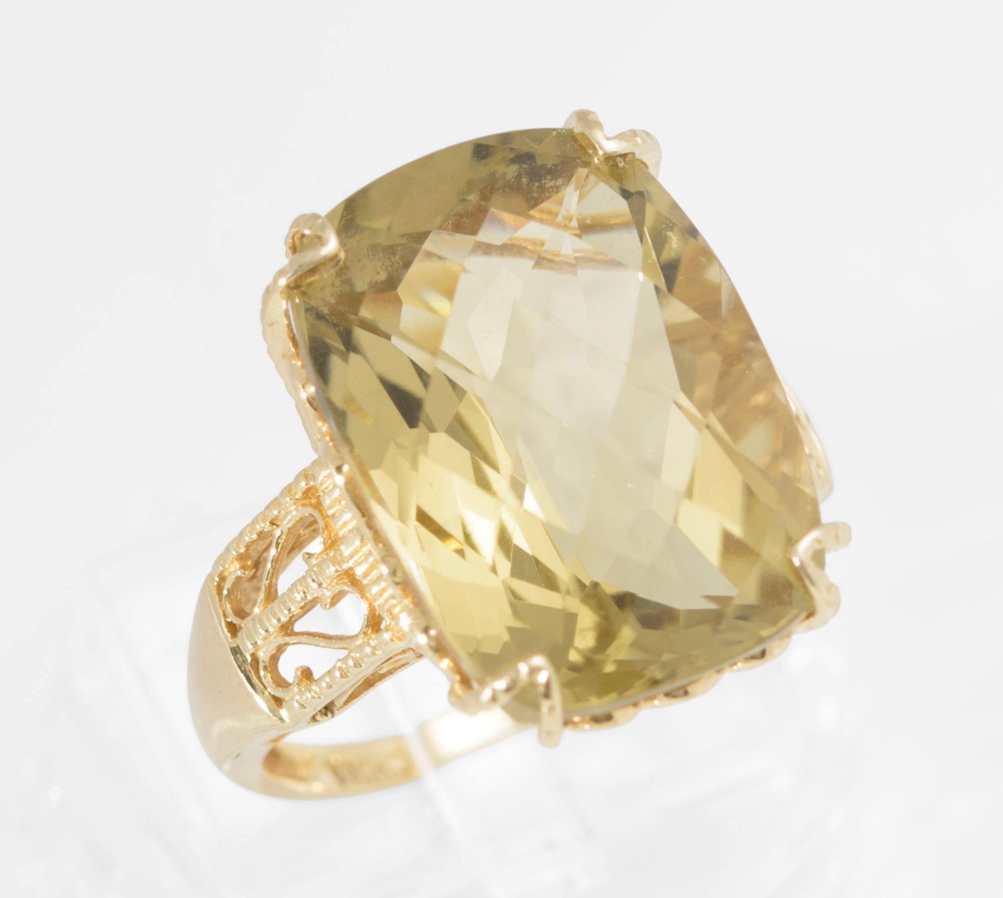 10K Yellow Gold Statement Ring With Large 15 Carat Citrine & Filigree Mount UK Size M (B2547)