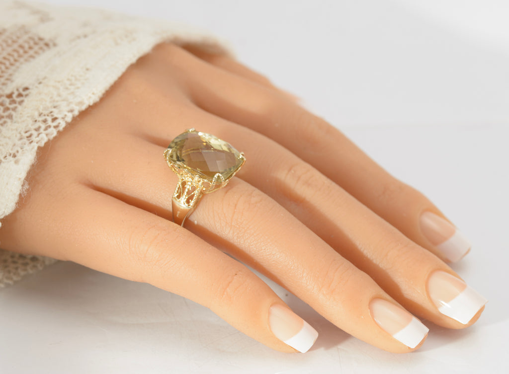 10K Yellow Gold Statement Ring With Large 15 Carat Citrine & Filigree Mount UK Size M (B2547)