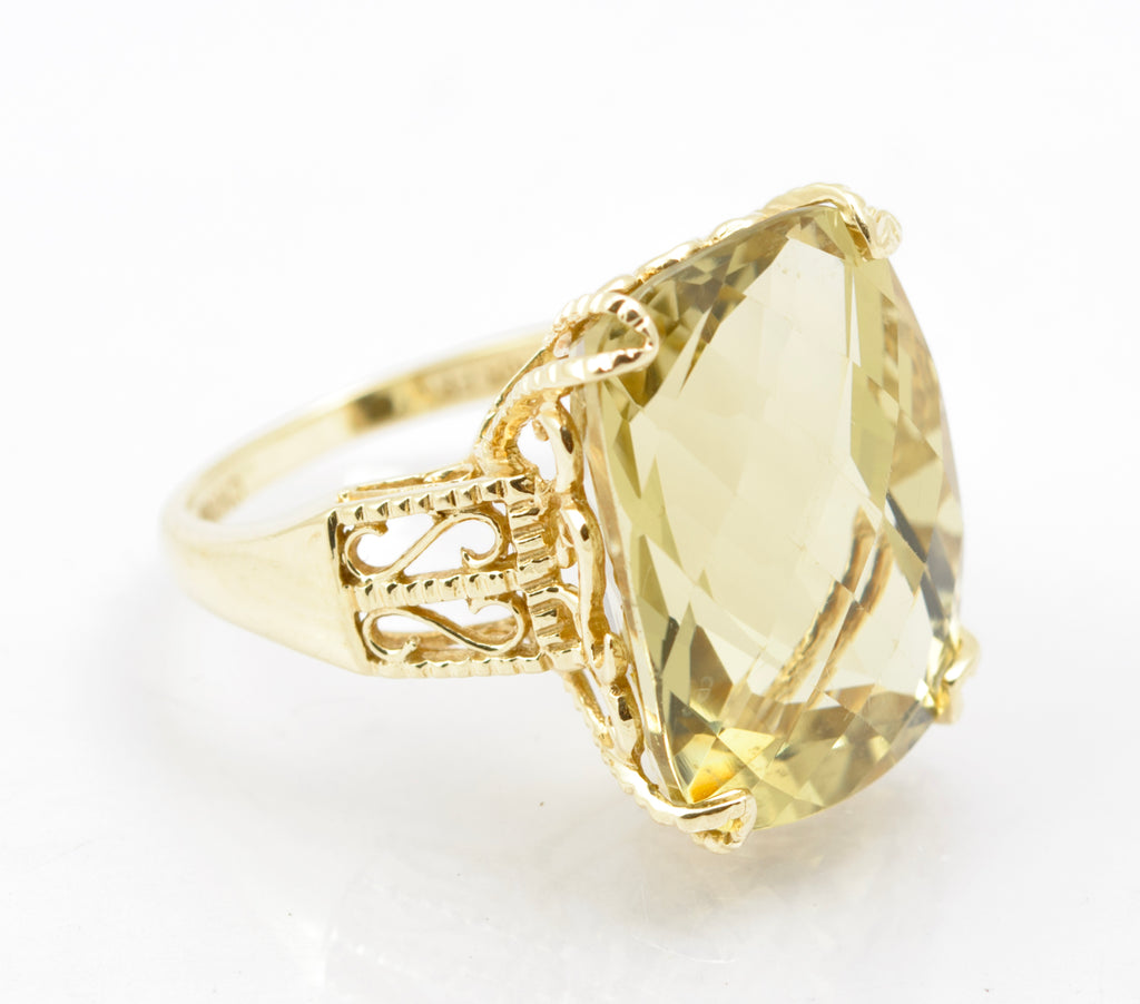 10K Yellow Gold Statement Ring With Large 15 Carat Citrine & Filigree Mount Sz M (B2547)