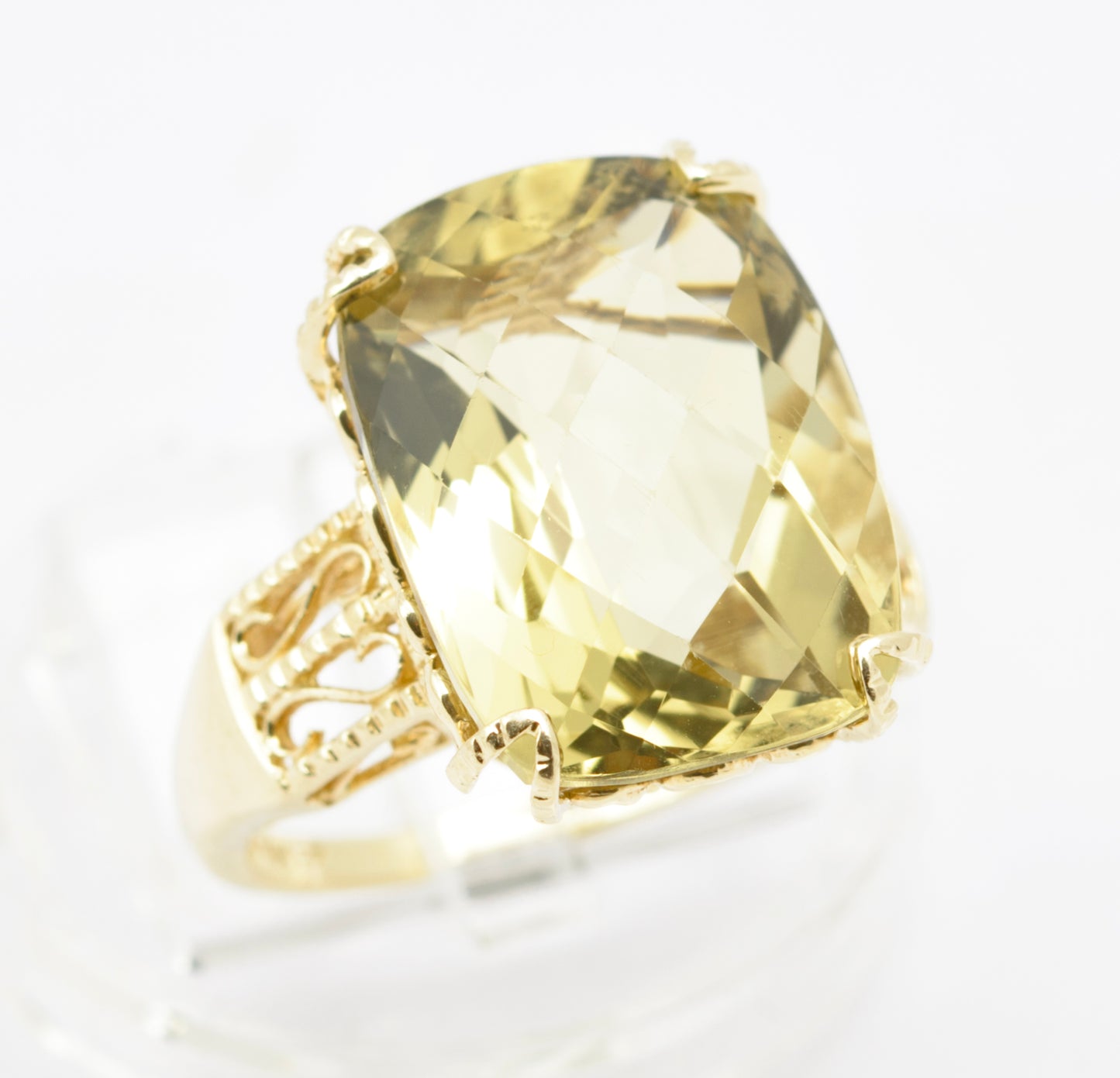 10K Yellow Gold Statement Ring With Large 15 Carat Citrine & Filigree Mount Sz M (B2547)