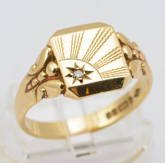 Vintage Men's 9ct Gold & Diamond Sunbeam Signet Ring Size V Hallmarked 1970 (B2548)